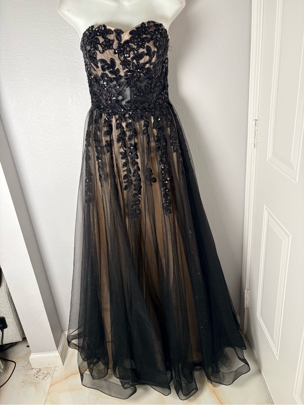 Whimsygoth Black & Nude Strapless Glitter Tulle Evening Gown Prom Dress Romantic